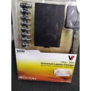 V7 AC2090U8 Ultra Slim Universal Laptop Charger 90W Fast USB Port Tips Included